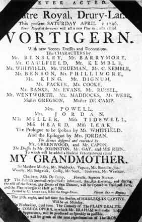 Playbill for the opening of the first (and only) performance of Vortigern at the Drury Lane Theatre. Click to enlarge.